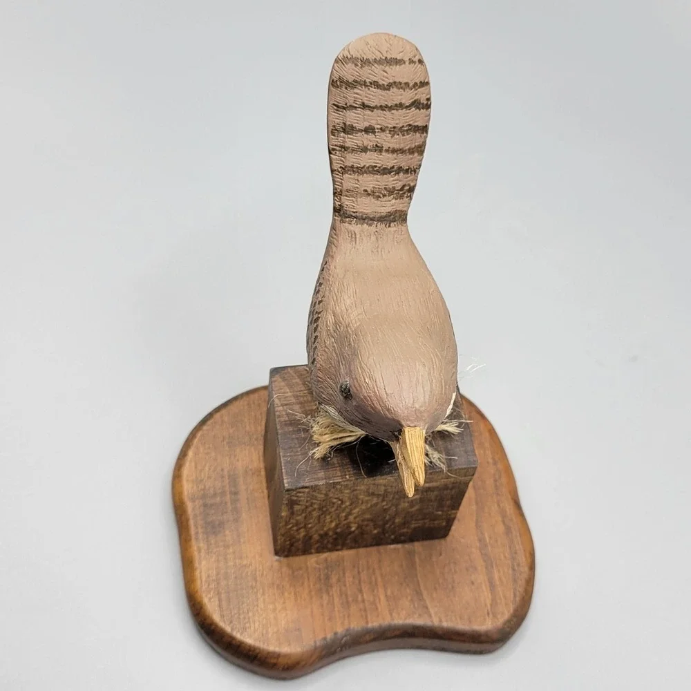 Vintage Handcrafted Wooden Bird Figurine On Base Home Shelf Decor